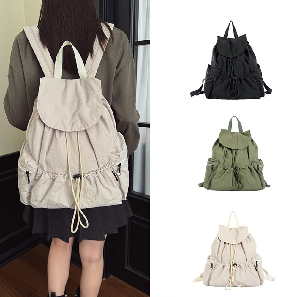 Canvas Backpack Casual - 드로우스트링 백팩, 나일론 소재, 주름 장식